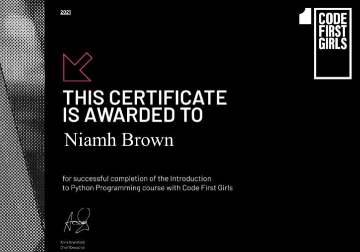 Code First Girls Python certificate