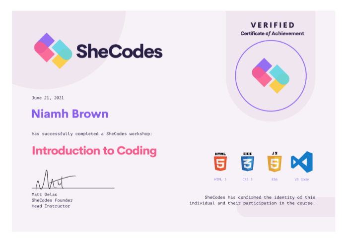 SheCodes Basic Workshop certificate