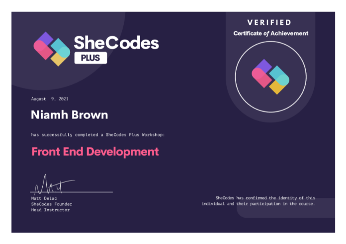 SheCodes Plus Workshop certificate