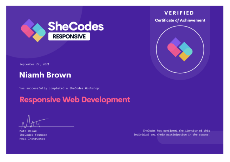 SheCodes Responsive Workshop certificate